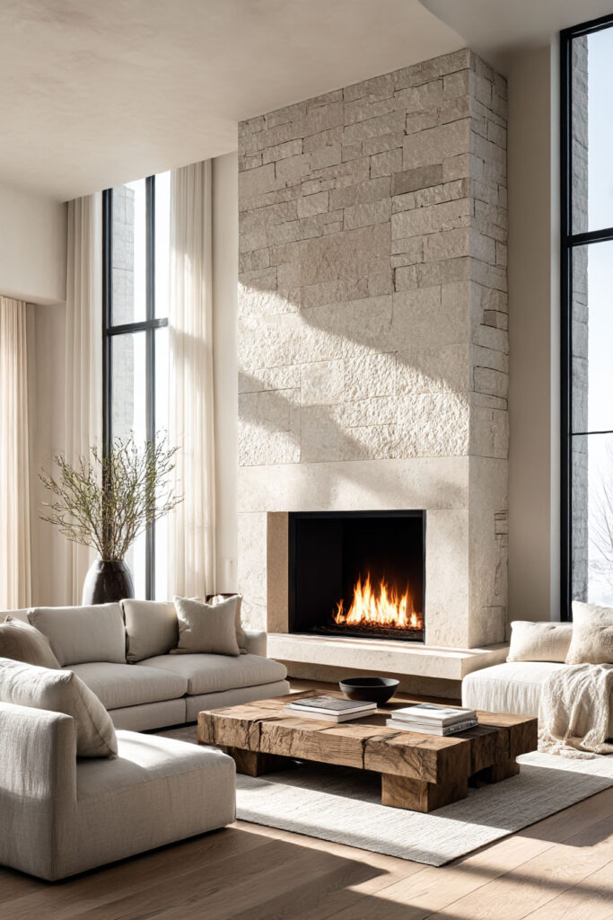 Organic modern living room with tall stone fireplace, neutral sofas, and a rustic wood coffee table.