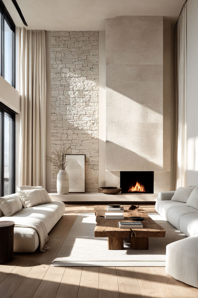  Organic modern living room with stone fireplace, neutral sofas, wood coffee table, and soft natural textures.