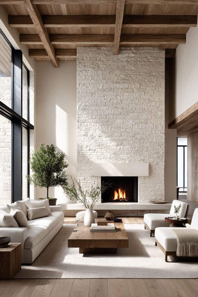 Organic modern living room with stone fireplace, exposed wood beams, neutral furniture, and layered natural textures.