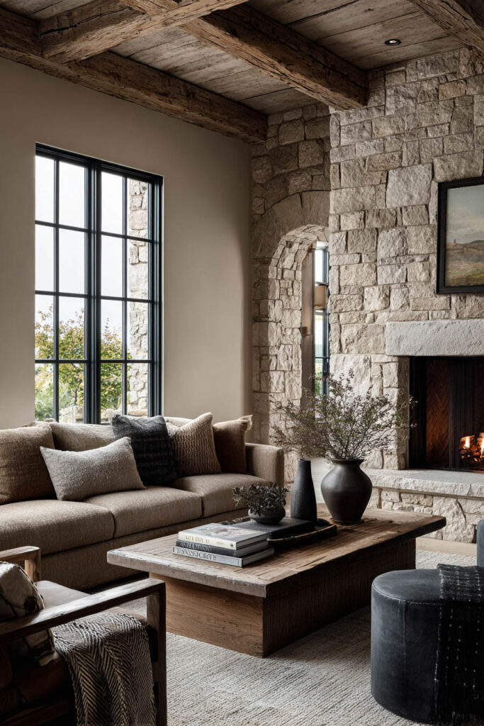 Organic modern living room with stone fireplace, exposed wood beams, neutral sofa, and rustic wood coffee table.