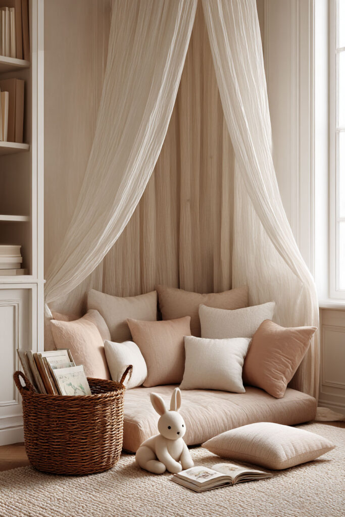 small little girls bedroom reading nook with floor cushions, canopy drapes, and basket of children's books