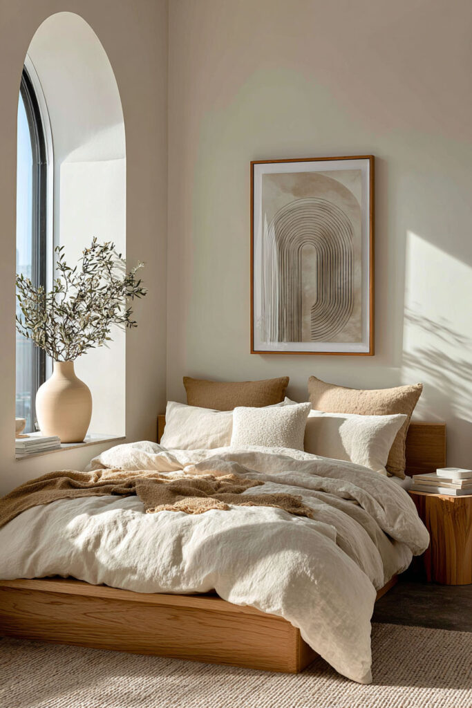 Japandi bedroom with framed minimalist wall art, light wood bed, neutral linen bedding, arched window, and natural light