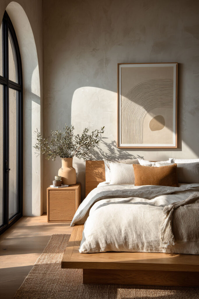 Japandi bedroom with minimal abstract wall art, light wood bed, neutral linen bedding, and warm natural sunlight