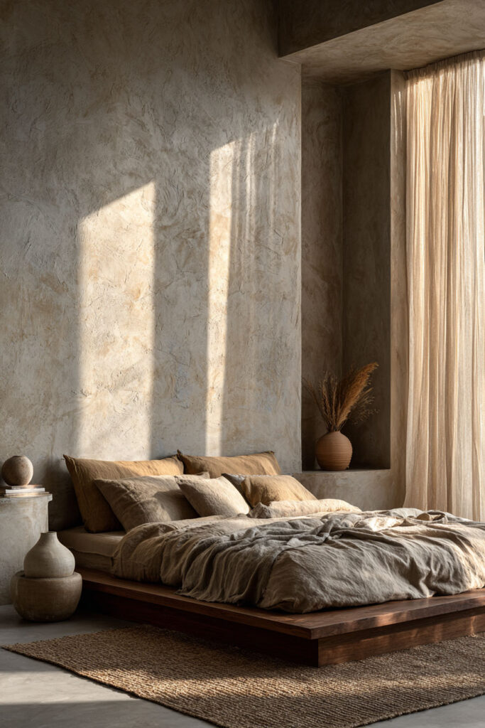 Japandi bedroom with textured plaster wall, low wood platform bed, earthy linen bedding, and soft natural light