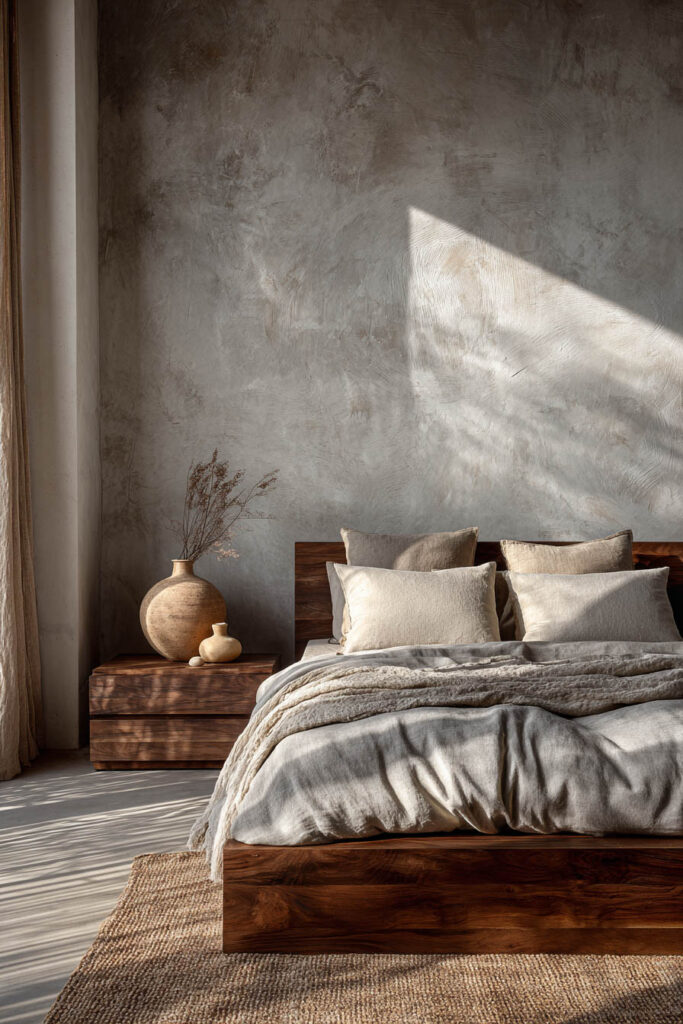 Japandi bedroom with textured plaster wall, dark wood bed frame, neutral linen bedding, and minimal ceramic decor in soft natural light