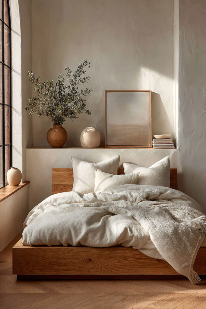 Japandi bedroom with window niche decor, neutral wall art, olive branches, linen bedding, and warm natural sunlight