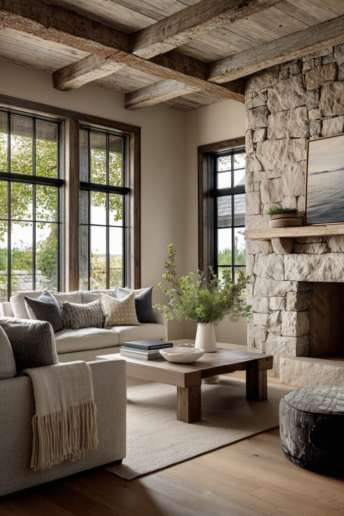 Living room with stone fireplace, exposed wood ceiling beams, neutral sofa, and natural textures.