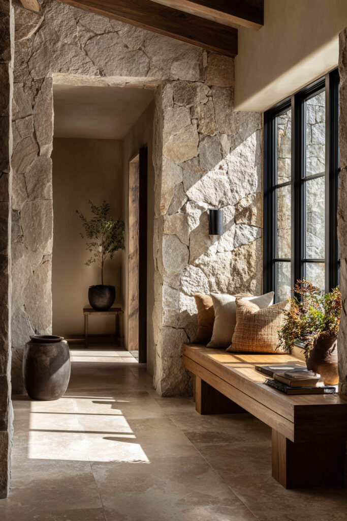 Organic modern hallway with natural stone walls, wood bench seating, and warm sunlight through black framed windows.
