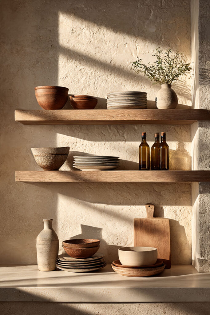 open kitchen shelving with earthy ceramics, wood shelves, and plaster walls in warm organic modern kitchen design