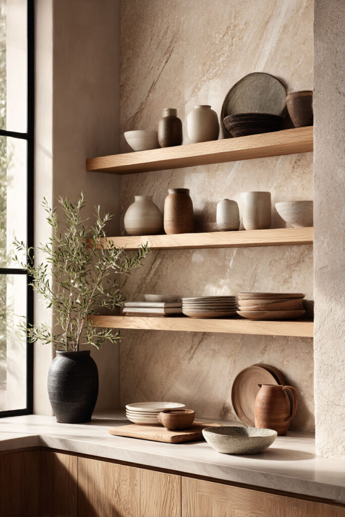 open kitchen shelving with stone backsplash and warm wood cabinets organic modern kitchen with neutral ceramics and natural textures