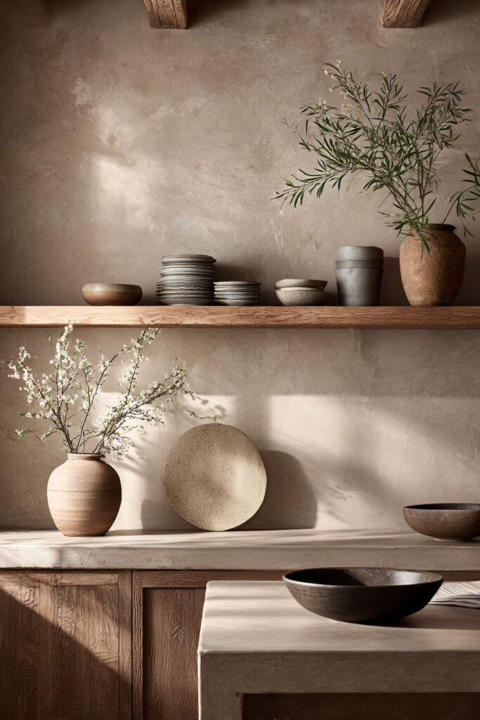 open kitchen shelving with earthy ceramics and plaster walls in warm organic kitchen design