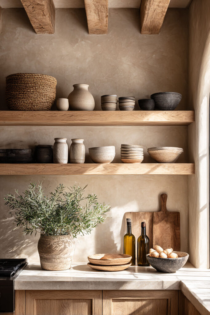 open kitchen shelving with earthy ceramic dishes, wood accents and natural decor styling, organic modern kitchen with warm neutral tones