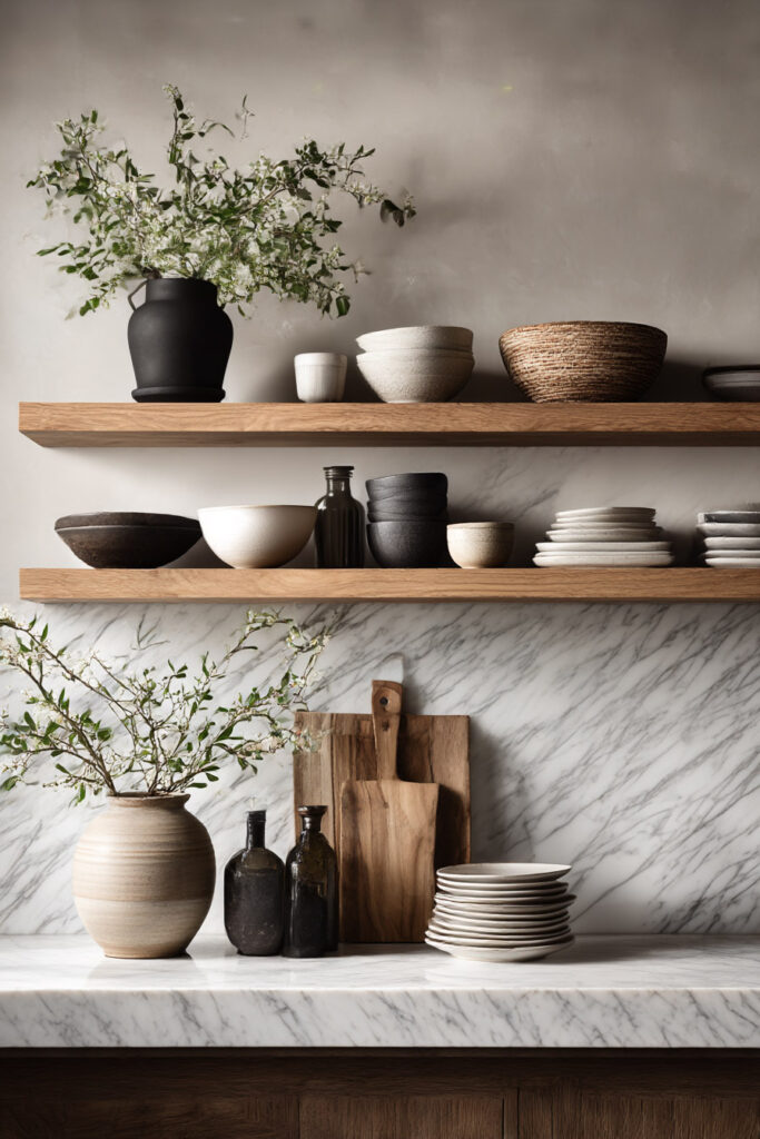 Modern kitchen open shelving with stacked neutral plates, bowls, wooden cutting boards, ceramic vases, and glass bottles against a marble backsplash