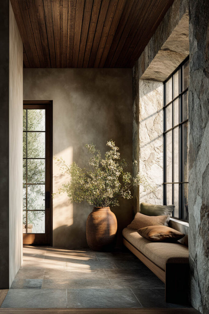 Organic modern hallway with natural stone walls, wood ceiling, built-in bench seating, and large clay pottery.