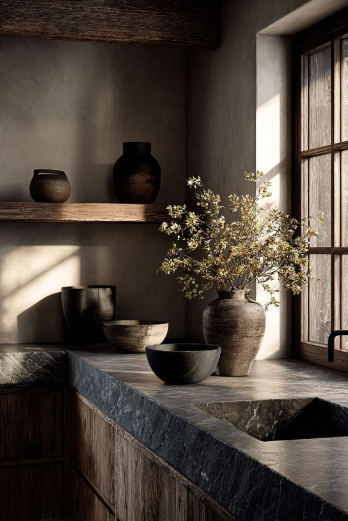 Organic modern kitchen with dark stone countertop, rustic wood cabinets, open wood shelves, and earthy pottery decor.