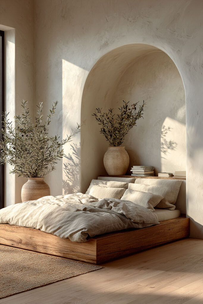 Japandi bedroom with arched wall niche, light wood platform bed, neutral linen bedding, ceramic vases, and natural sunlight
