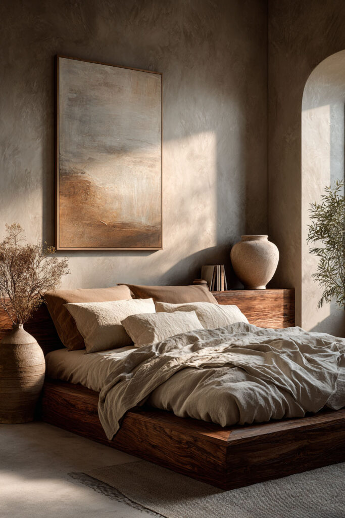 Japandi bedroom with large neutral abstract wall art, textured plaster wall, wood bed frame, and soft linen bedding