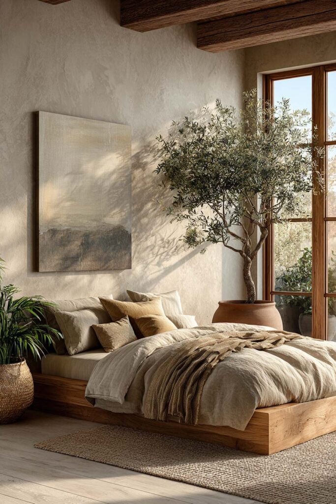 Japandi bedroom with large neutral artwork, indoor olive tree, light wood bed, and layered linen bedding
