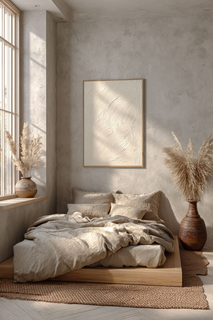 Japandi bedroom with minimalist textured wall art, light wood platform bed, neutral linen bedding, and pampas grass decor in soft natural sunlight