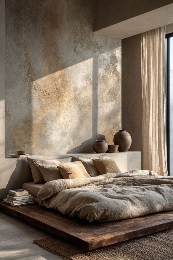 Japandi bedroom with textured plaster wall, low wood bed, neutral linen bedding, ceramic decor, and soft natural light