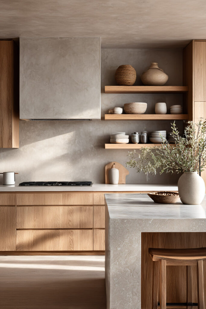 Organic modern kitchen with light wood cabinets, stone countertops, and open wooden shelves styled with neutral ceramic bowls, plates, and vases
