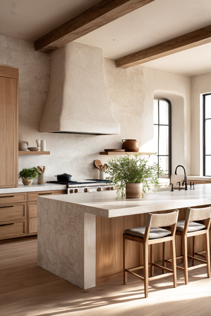 organic modern kitchen with plaster range hood, wood cabinets, stone waterfall island, and exposed ceiling beams
