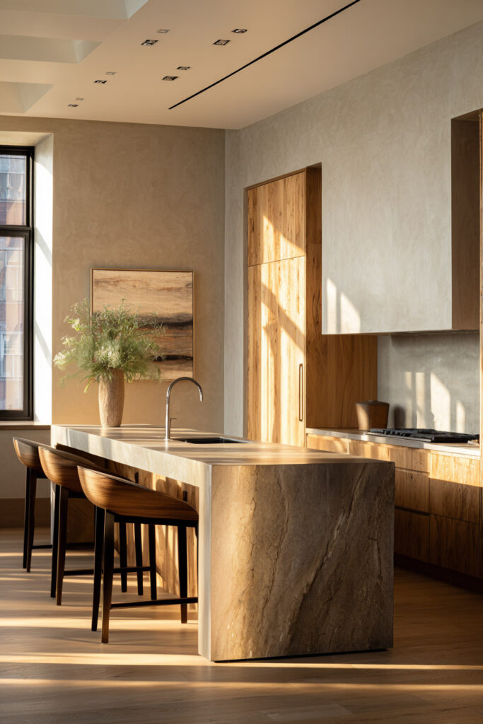 organic modern kitchen with stone waterfall island, wood cabinetry, bar stools and warm natural lighting