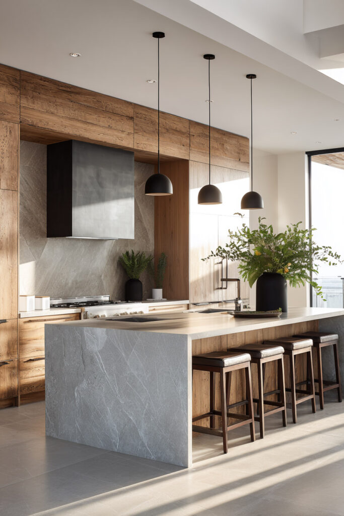 organic modern kitchen with wood cabinets waterfall stone island black pendant lights and bar stools natural light interior
