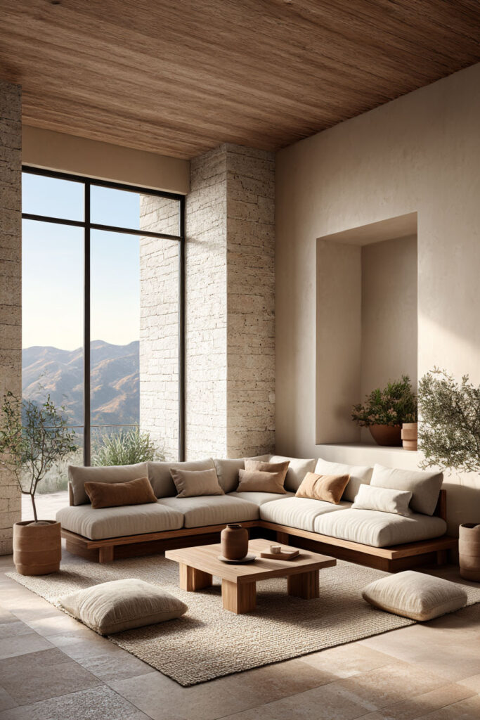 Organic modern living room with low wood seating, neutral cushions, large window, and natural materials.
