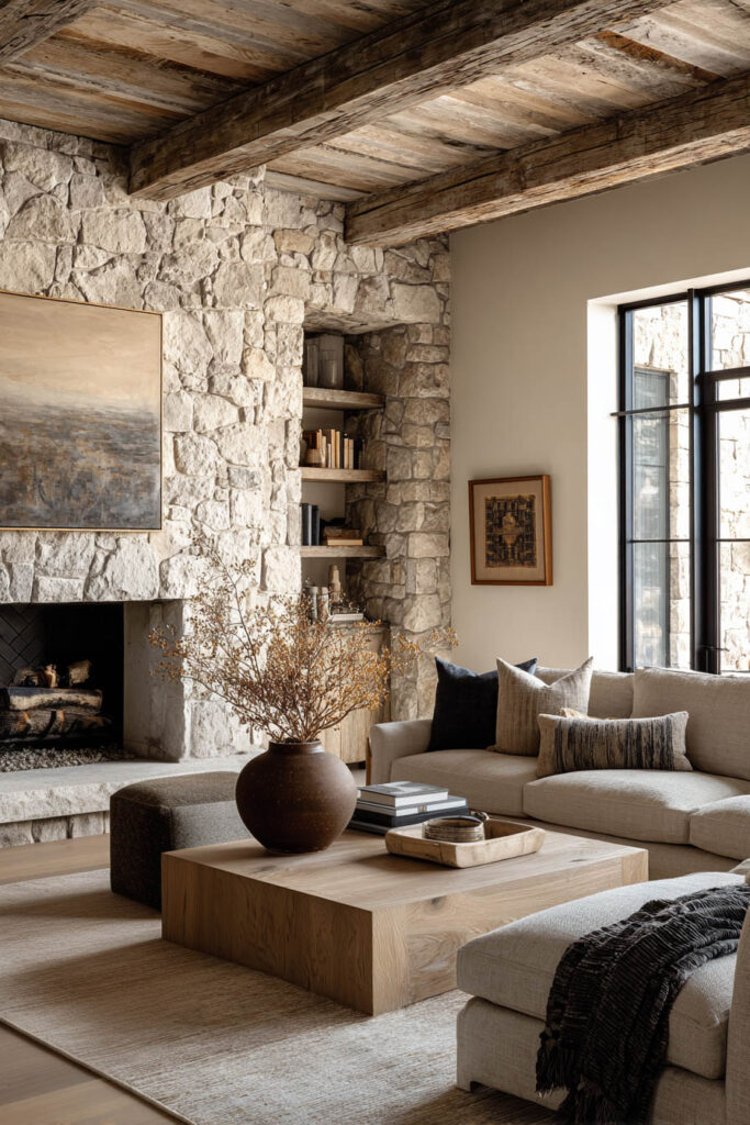 Organic modern living room with stone fireplace, exposed wood beam ceiling, neutral sofa, and warm natural materials decor.