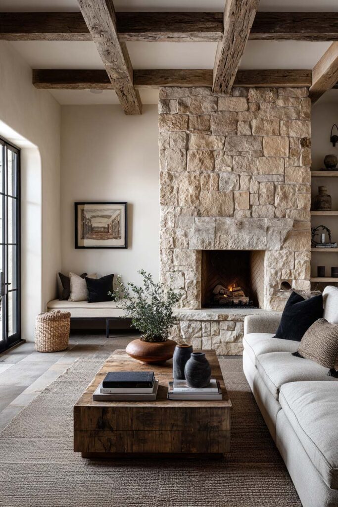 Organic modern living room with large stone fireplace, exposed wood beams, neutral sofa, and rustic wood coffee table.