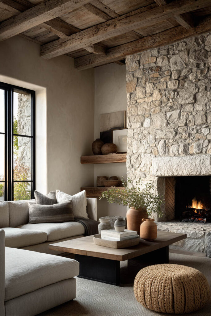 Timeless living room with rustic stone fireplace, exposed wood ceiling beams, neutral sectional sofa, and organic decor.