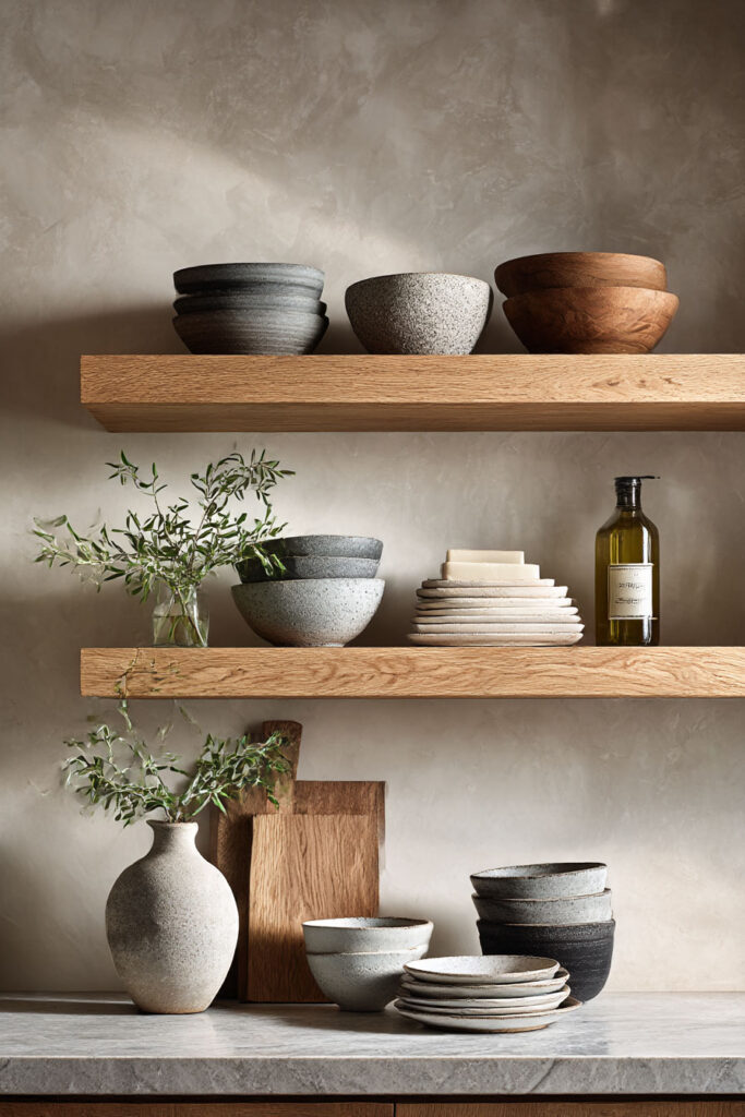 open kitchen shelving with neutral ceramics, wood cutting boards, and olive branches in a warm minimalist kitchen