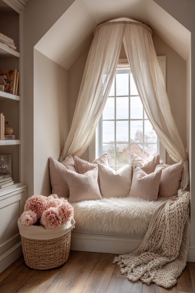 Cozy little girls bedroom window seat with soft blush pillows, canopy curtains, fluffy bench cushion, and built-in bookshelf.