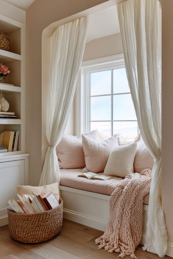 cozy little girls bedroom window seat reading nook with soft pillows, linen curtains, chunky knit throw, and basket of books