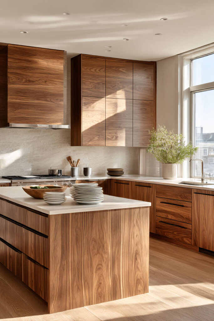 dark warm wood kitchen cabinets with stone countertops and natural light in organic modern kitchen design