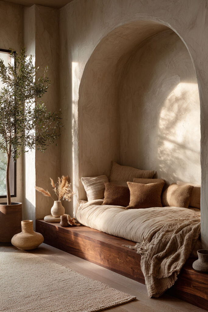 Japandi bedroom with built-in wood daybed in arched wall niche, neutral linen bedding, earthy pillows, ceramic decor, and olive tree