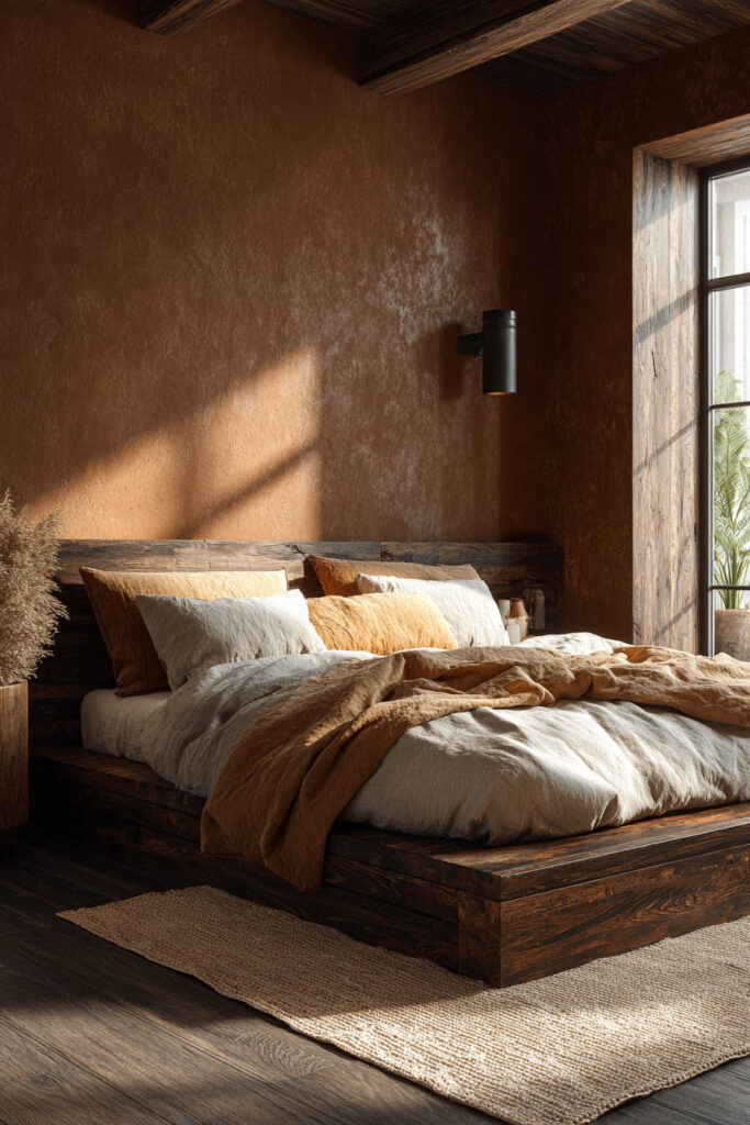 Japandi bedroom with clay textured walls, dark wood platform bed, neutral and terracotta linen bedding, and warm natural light