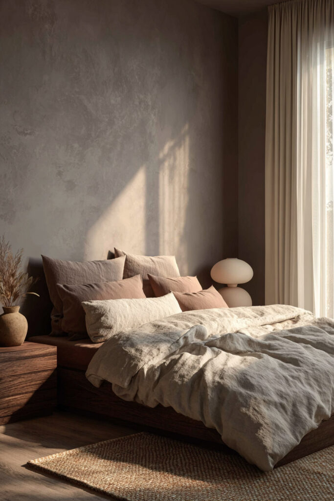 Japandi bedroom with soft neutral linen bedding, low wood bed frame, textured wall, sheer curtains, and warm natural light