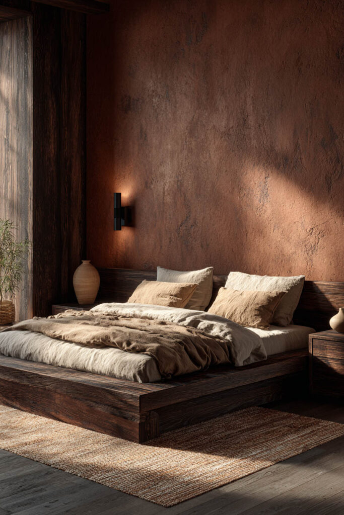 Japandi bedroom with low wood platform bed, terracotta textured walls, neutral linen bedding, and warm natural lighting