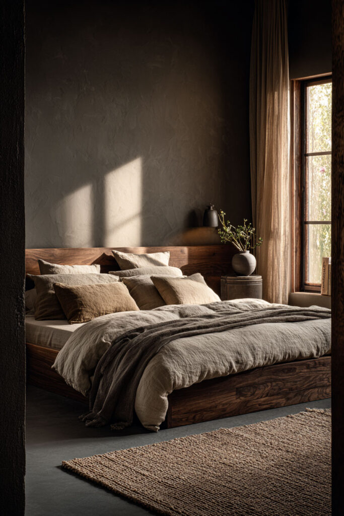 Japandi bedroom with warm earthy tones, wooden platform bed, layered linen bedding, textured wall, and soft natural window light