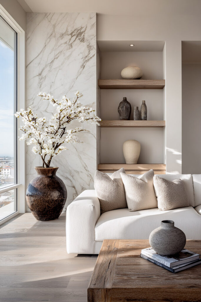 Organic modern living room with marble accent wall, wood floating shelves, neutral sofa, and earthy decor using natural materials.