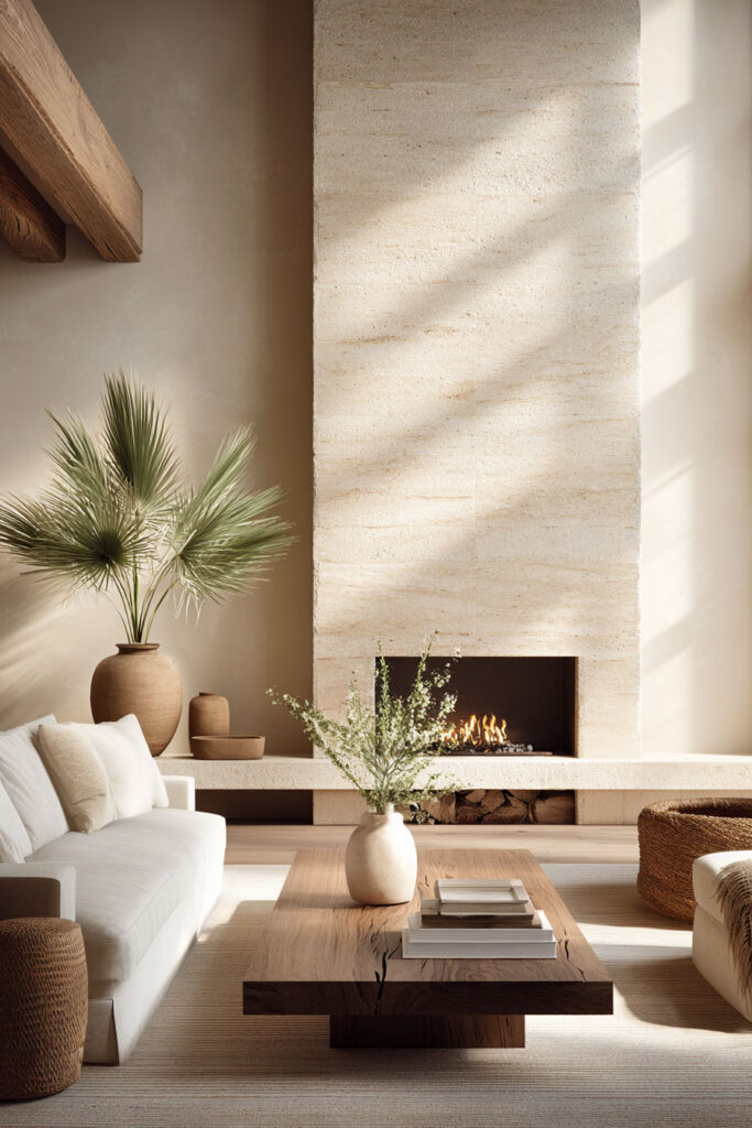 Organic modern living room with large natural stone fireplace, neutral sofa, wood coffee table, clay vase, and warm natural materials decor.