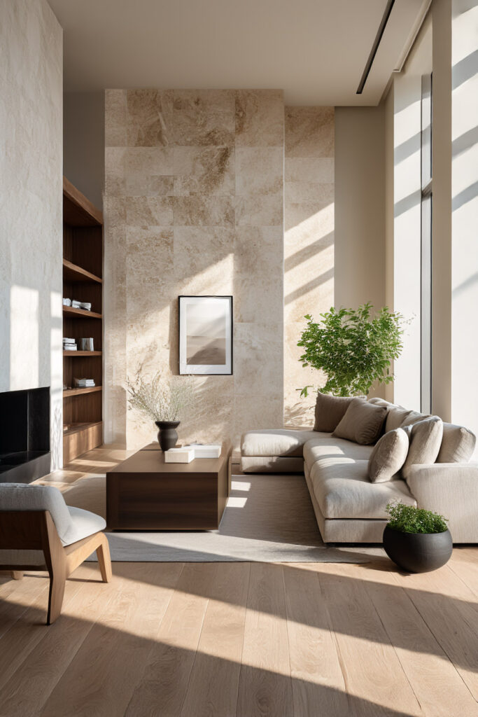 Organic modern living room with natural stone accent wall, warm wood furniture, neutral sofa, and large windows bringing in natural light.