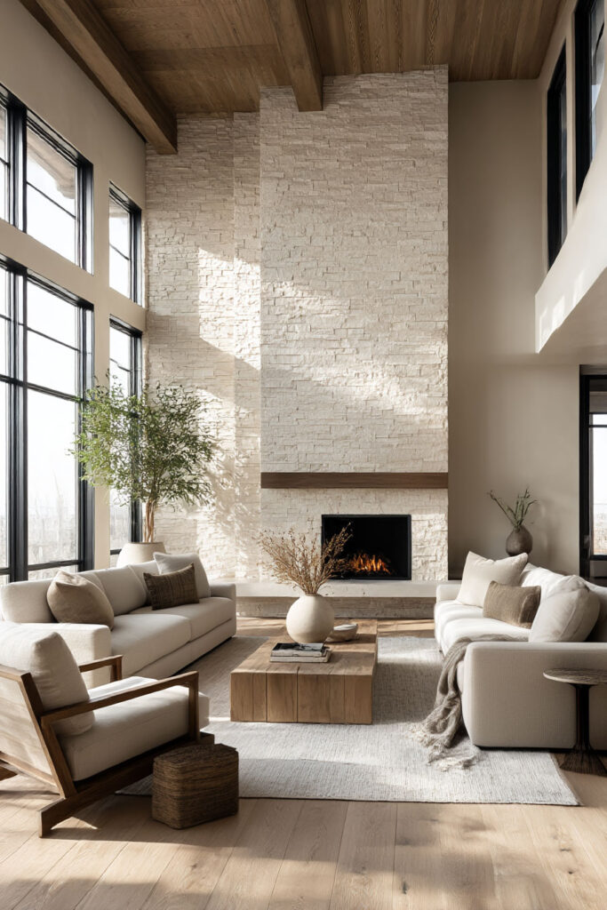 Organic modern living room with a tall stacked stone fireplace, wood ceiling beams, neutral sofas, and a natural wood coffee table.