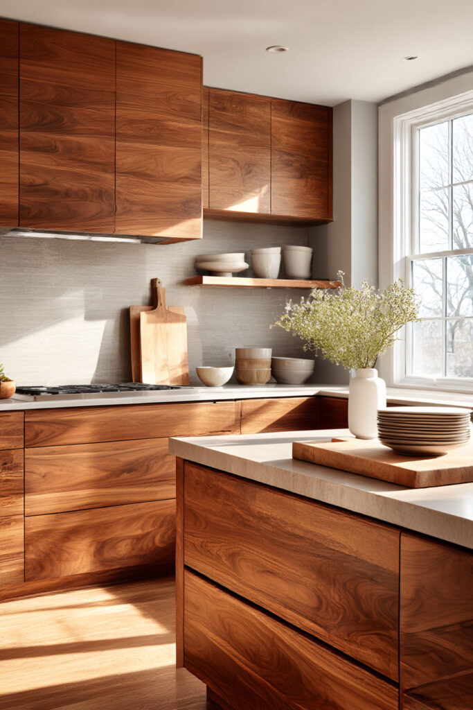 warm walnut kitchen cabinets with natural stone countertops and open shelving, organic modern kitchen with neutral decor and sunlight
