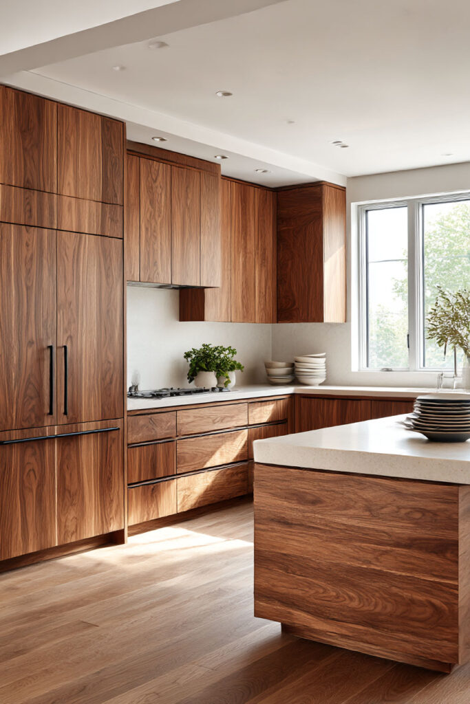 Modern kitchen with warm wood cabinets, a large island, and sunlight highlighting natural textures