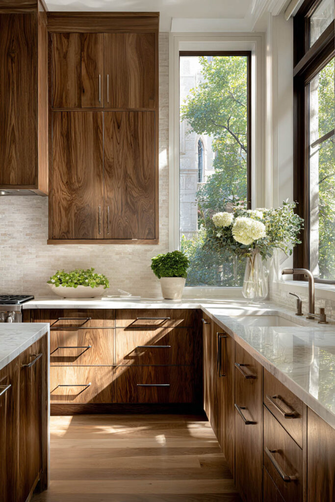 warm wood kitchen cabinets with white stone countertops and natural light modern kitchen with neutral tones and organic decor
