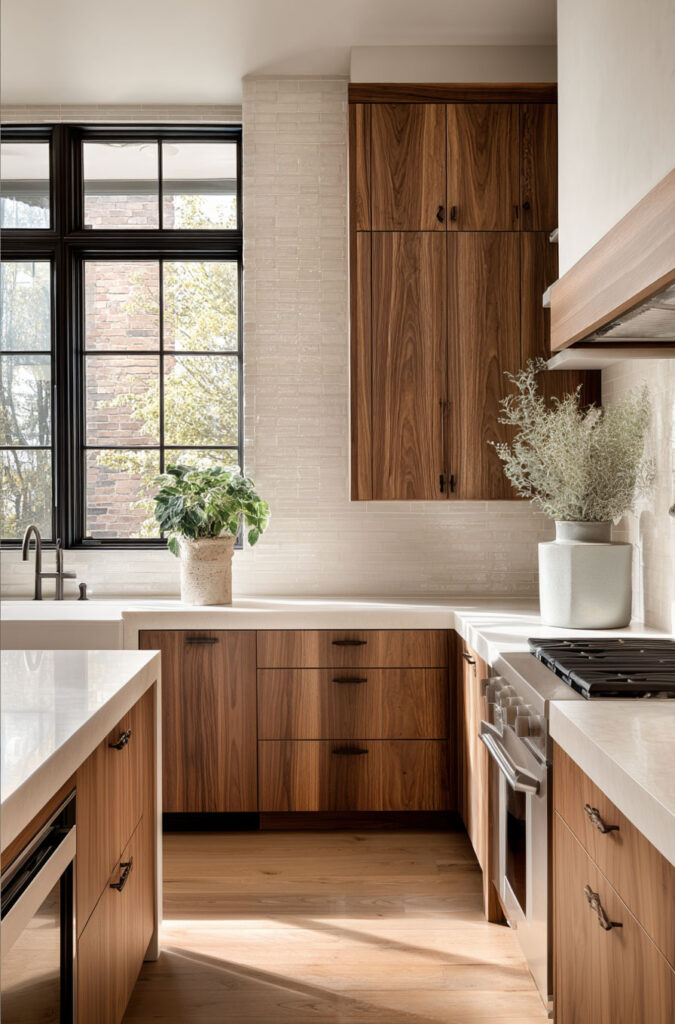 warm wood kitchen cabinets with neutral tile backsplash, organic modern kitchen with natural light and soft neutral tones