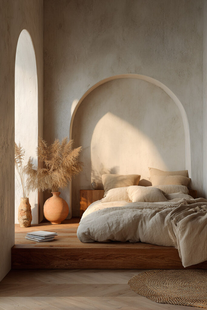 Japandi bedroom with arched wall detail, warm neutral linen bedding, wood platform bed, and ceramic decor with dried grasses